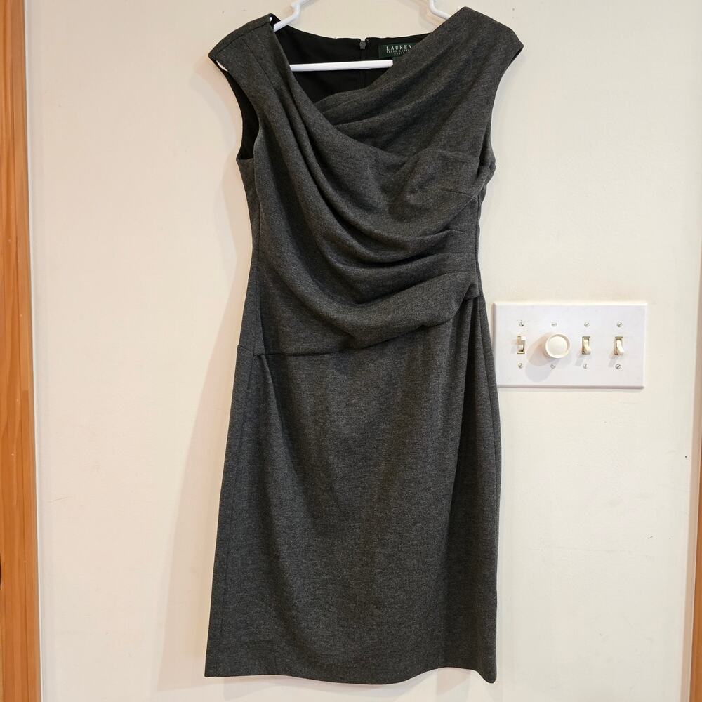 Lauren Ralph Lauren Dress Womens 6 Gray Draped Ruched Sheath Career Cocktail